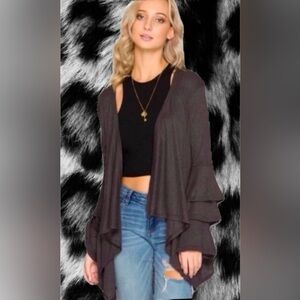 Everly Lightweight Grey Open Cardigan with Ruffle Sleeved Detail